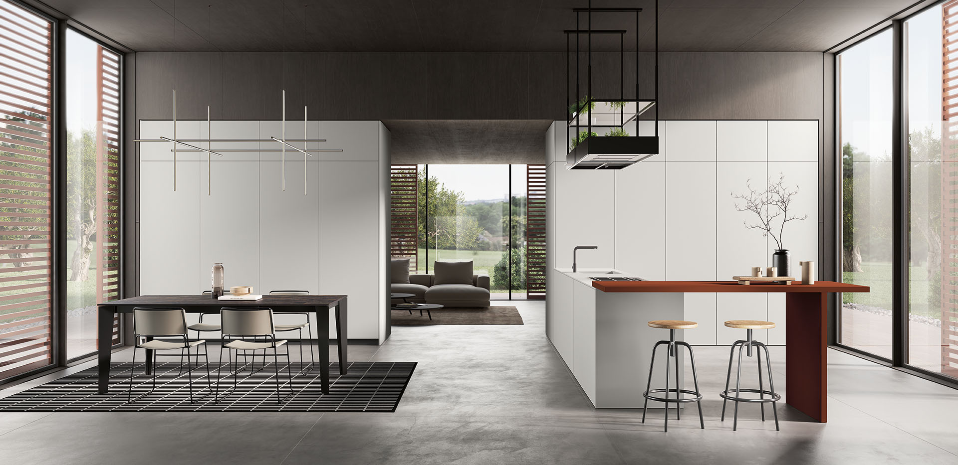 open space con cucina moderna con isola