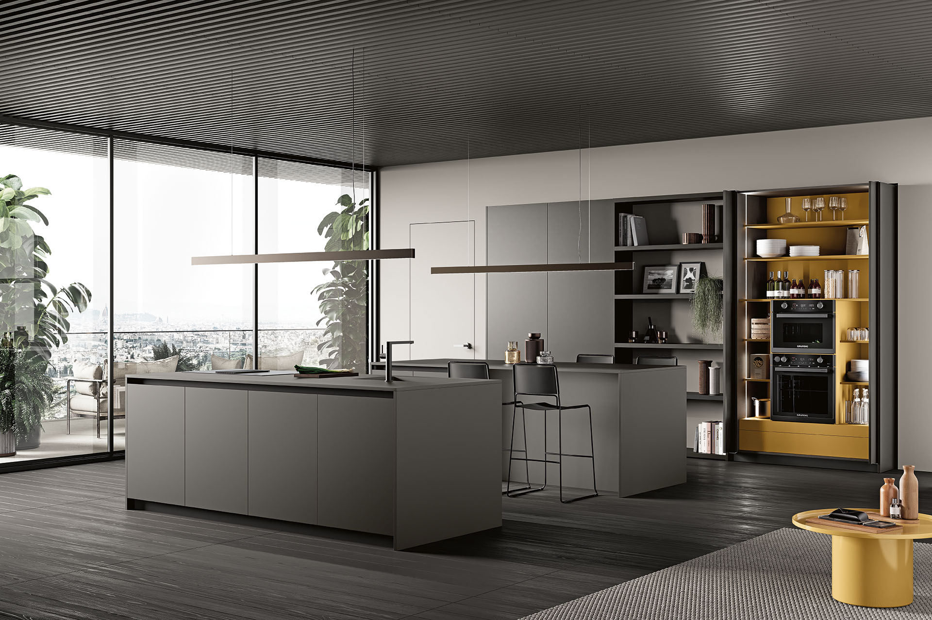 cucina moderna grigia con isola